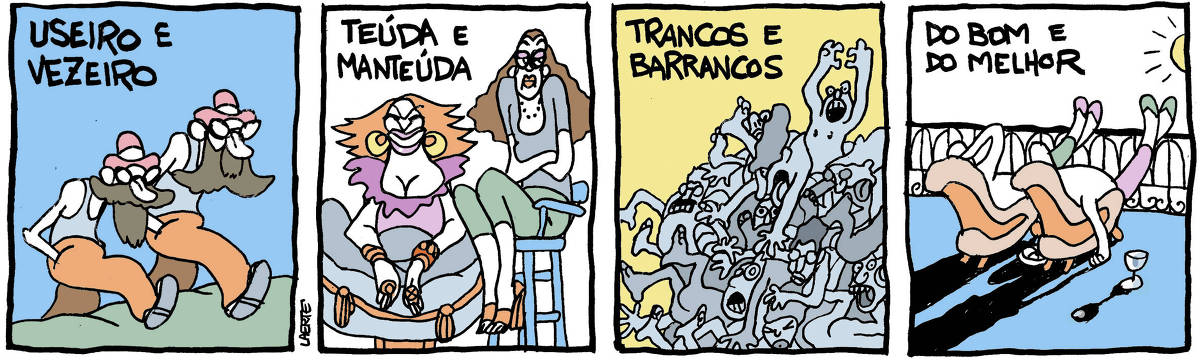 Na tira de Laerte, em 4 quadrinhos, personificações de expressões de linguagem: QUADRINHO 1 - TEXTO: “USEIRO E VEZEIRO” - dois homens quase idênticos, mas de tamanhos diferentes; ambos têm barba e bigode, chapéu coco, camiseta regata e calças largas, e vêm caminhando por uma estrada. QUADRINHO 2 - TEXTO: “TEÚDA E MANTEÚDA” - duas mulheres sentadas - uma de aspecto mais exuberante e sorridente, sentada numa grande almofada; outra, com ar contido e meio ressabiado, numa cadeirinha alta. QUADRINHO 3 - TEXTO: “TRANCOS E BARRANCOS” - um grande grupo de pessoas, nuas, despencam como uma avalanche de corpos, com expressões de pânico. QUADRINHO 4 - TEXTO: “DO BOM E DO MELHOR” - duas pessoas em confortáveis poltronas, num terraço, olhando o sol. Estão com as pernas apoiadas num gradil, há uma taça vazia pousada no chão, um prato com quitutes.