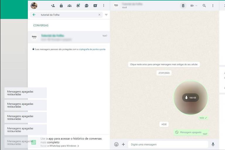 Extensão de Google Chrome acrescenta opções a WhatsApp Web, como recuperar mensagens apagadas. Imagem mostra tela aberta no WhatsApp Web durante a função da recuperar mensagem apagada.