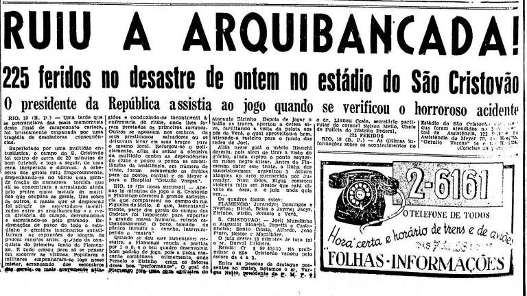 Reprodução da Folha da Noite de 20 de setembro de 1943, que relatava o desabamento da arquibancada do estádio do São Cristóvão no dia anterior