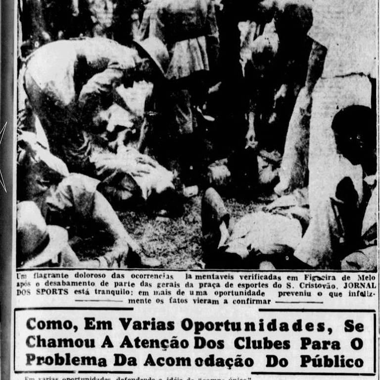 Reprodução do Jornal dos Sports de 21 de setembro de 1943, que relatava o desabamento da arquibancada do estádio do São Cristóvão, dois dias antes