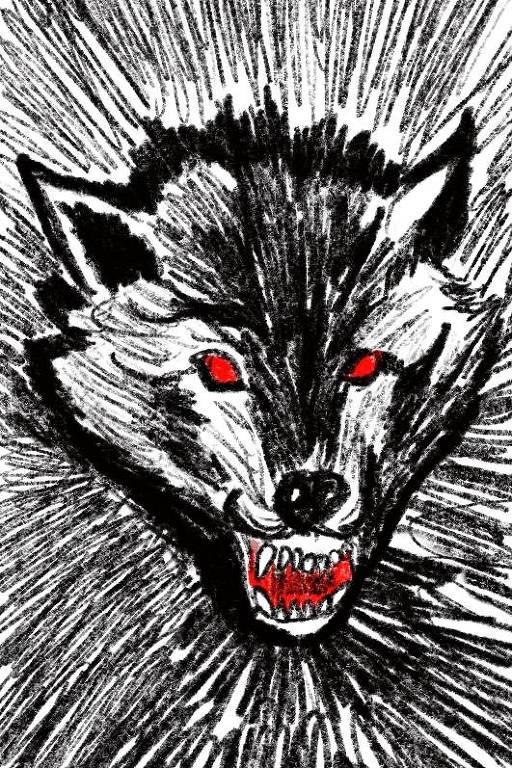 Desenho de uma cara de lobo violenta em preto e branco com boca aberta e olhos vermelhos