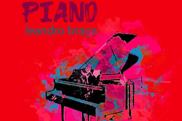 Em foto colorida, a capa do álbum 'Piano' mostra um piano preto desenhado em um fundo vermelho