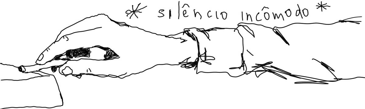 A tirinha em preto e branco de Estela May, publicada em 21/09/23, traz uma mão segurando o cigarro sob o cinzeiro. Acima da imagem, “*silêncio incômodo*”