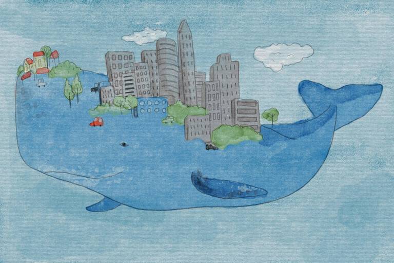 arte ilustra uma baleia azul sobre a qual está erguida uma cidade com prédios e árvores