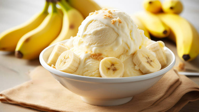 Tigela de sorvete de banana e banana sobre a mesa