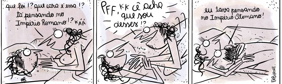 A tira Viver Dói, de Fabiane Langona, publicada em 23/09/2023, mostra um casal na cama. No primeiro quadro, o rapaz mostra-se sério e pensativo. A moça está por cima dele, alegre e curiosa. No quadro seguinte, o rapaz vira-se, e agora está por cima da moça, ambos estão sorridentes. Ele faz cócegas, ela sorri. No quadro final. O rapaz está no colo da moça, com um sorrisinho bobo. A moça olha para o leitor com expressão incrédula.   No quadrinho 1, a moça diz: "Que foi? Que cara é essa!? Kkaaa. Tá pensando no Império Romano!!?  No quadrinho 2, o rapaz responde: "RFF, kk, cê acha que sou desses!!??".  No quadrinhos 3, o rapaz completa: "Eu estava pensando no Império Otomano". 