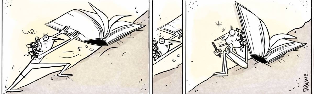 A tira Viver Dói, de Fabiane Langona, publicada em 25/09/2023, mostra, em um primeiro quadro, uma pessoa subindo uma montanha rochosa empurrando um grande livro entreaberto. Fazendo menção ao mito de Sísifo, ela mostra-se exausta e levemente aborrecida. No segundo quadro, a pessoa para e faz uma breve reflexão. No quadro seguinte, vemos a pessoa, agora sentada rolando alucinadamente o feed de um celular. Ela está com as costas escoradas no gigante livro entreaberto que ficará pelo caminho sem chegar ao topo. 