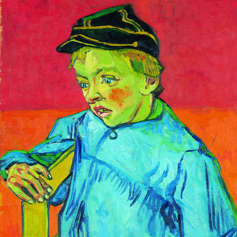 pintura de criança em tons de amarelo e verde, com roupa azul clara e boina marrom