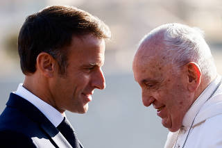 Pope Francis meets French President Emmanuel Macron at Palais du Pharo, in Marseille
