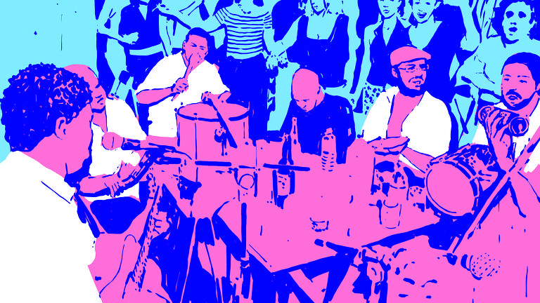 A ilustração de Adams Carvalho, publicada na Folha de São Paulo no dia 24 de Setembro de 2023, mostra o desenho de alguns músicos com instrumentos em torno de uma mesa formando uma roda de samba