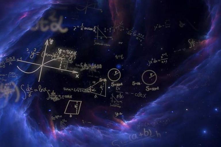 Ilustração de fórmulas matemáticas com o universo ao fundo