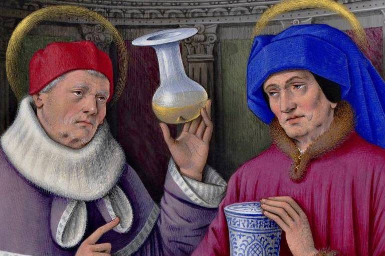 Pintura antiga mostra dois homens com frascos