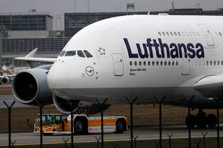 FILE PHOTO: An Airbus A380 of German air carrier Lufthansa is seen at the airport in Frankfurt