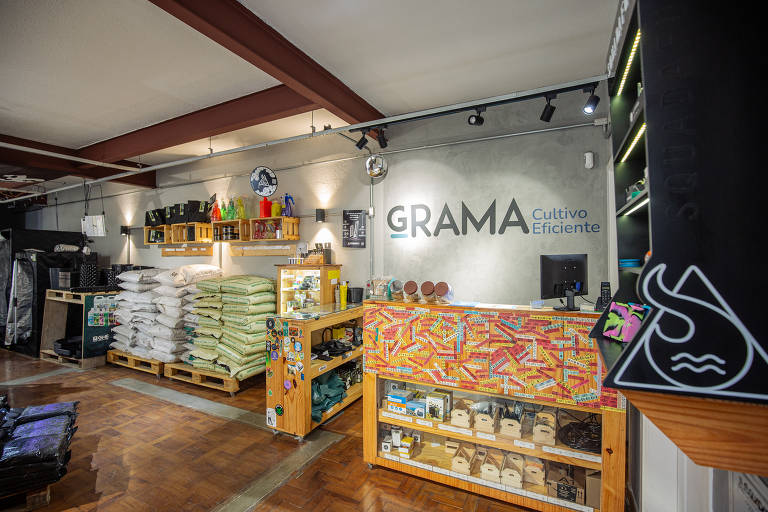Exposição dos produtos da Growshop Grama, loja que vende produtos para o cultivo de Cannabis