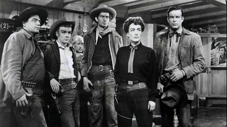 Ernest Borgnine, John Carradine, Joan Crawford, Scott Brady, Ben Cooper, Royal Dano, and Frank Marlowe in Johnny Guitar (1954)
