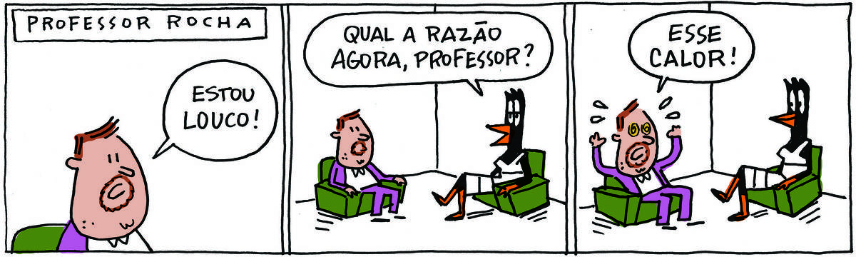 A tirinha PROFESSOR ROCHA, publicada em 28/09/2023, com 3 quadrinhos, traz o PROFESSOR ROCHA, homem branco, gordinho, calça e paletó roxo, camisa branca e cavanhaque, sentado em uma poltrona ao lado de DOUTORA GISLAINE, uma ave preta pernalta, com bico laranja e vestido branco com listas pretas, também sentada em uma poltrona. É uma sessão de terapia. No quadrinho 1, o PROFESSOR diz: Estou louco! No quadrinho 2, GISLAINE comenta: Qual a razão desta vez, professor?! No quadrinho 3, ele responde, exasperado: Esse calor!