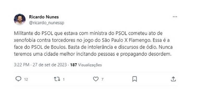 Tuíte de Ricardo Nunes diz que ministra Anielle e ex-assessora Marcelle Decothé são do PSOL