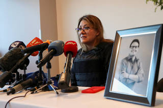 Veronica Sarauz, widow of former Ecuadorean presidential candidate Fernando Villavicencio, attends a press conference in Quito