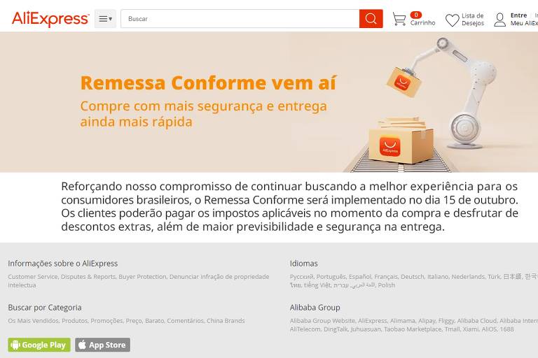 AliExpress anuncia data em que passará a vender produtos dentro do Remessa Conforme