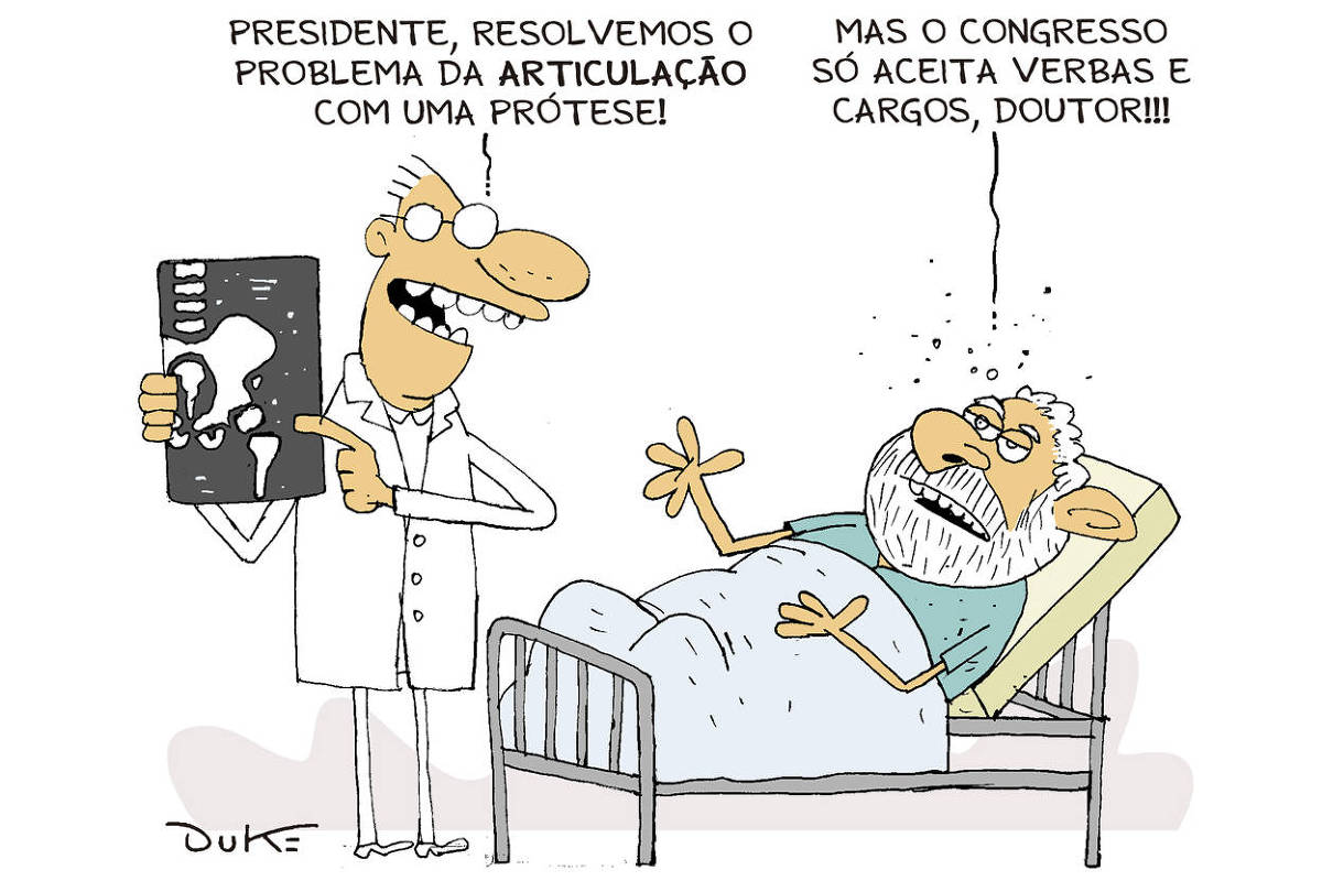 O presidente Lula está deitado em uma cama de hospital. Médico se aproxima segurando uma radiografia do quadril do presidente e fala: "Presidente, resolvemos o problema da articulação com uma prótese". Lula responde: "Mas o Congresso só aceita verbas e cargos, doutor!".