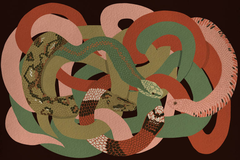 arte ilustra cobras entrelaçadas numa grande rede
