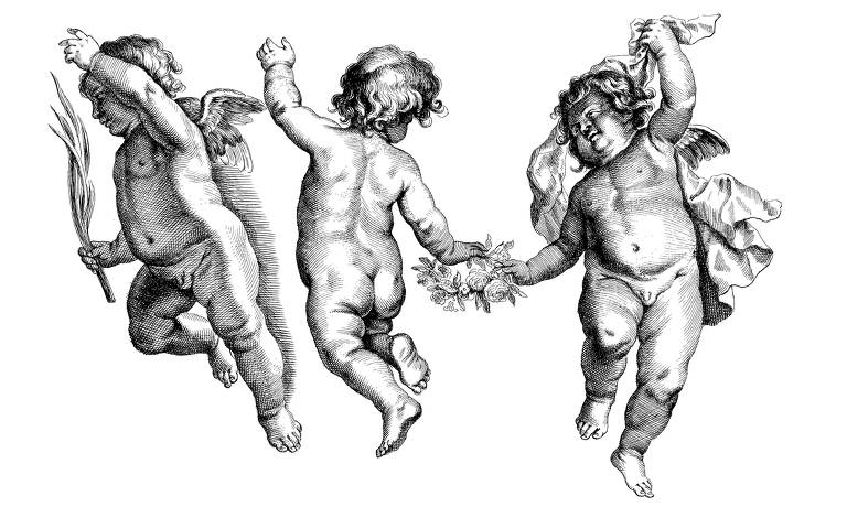 Ilustração em preto e branco mostram três anjos infantis dançando um ao lado do outro 