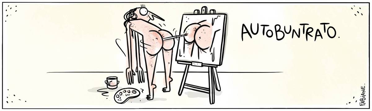 A tira Viver Dói, de Fabiane Langona, publicada em 30/09/2023, mostra uma moça de costas para uma tela em um cavalete. Ela está pintando um retrato de suas nádegas com suas próprias nádegas, utilizando um pincel acoplado entre as "popas". A moça está contente.    Após a imagem, uma legenda narrativa diz" Autobuntrato". 