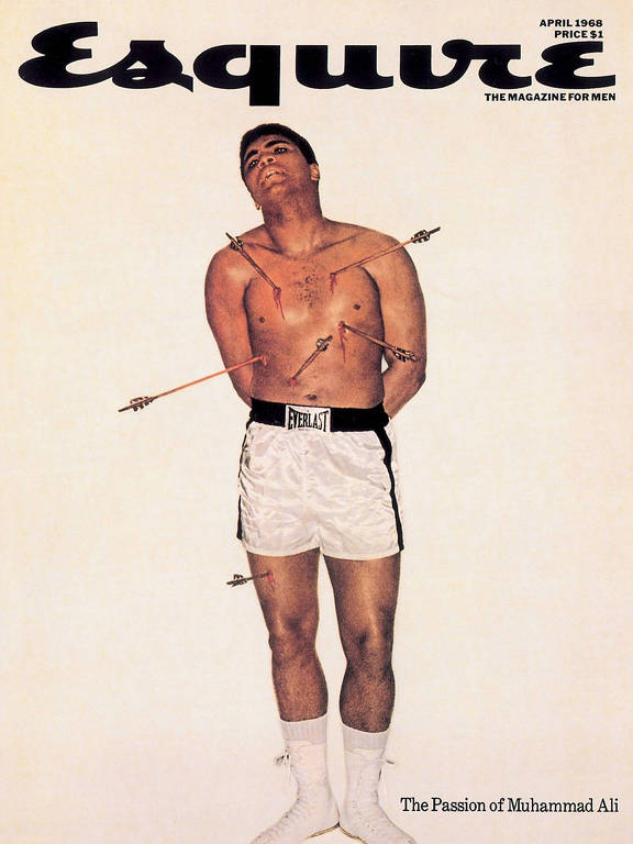O lutador Muhammad Ali, fotografado em imagem que faz referência a São Sebastião, em capa da Esquire, em 1967