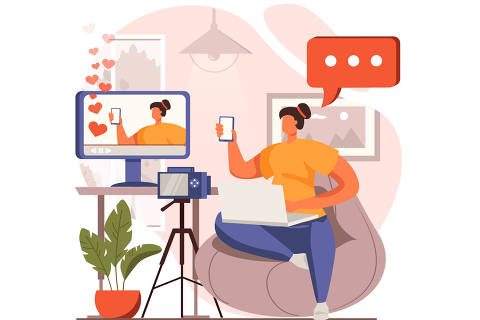 Video streaming web concept in flat design. Woman making review of new smartphone in live stream. Followers watch broadcast. Blogging and social networks. Vector illustration with people scene 
( Foto: alexdndz / adobe stock )