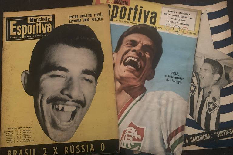 Capas da revista Manchete Esportiva dos anos 50 com fotos de Vavá, Telê e Garrincha 