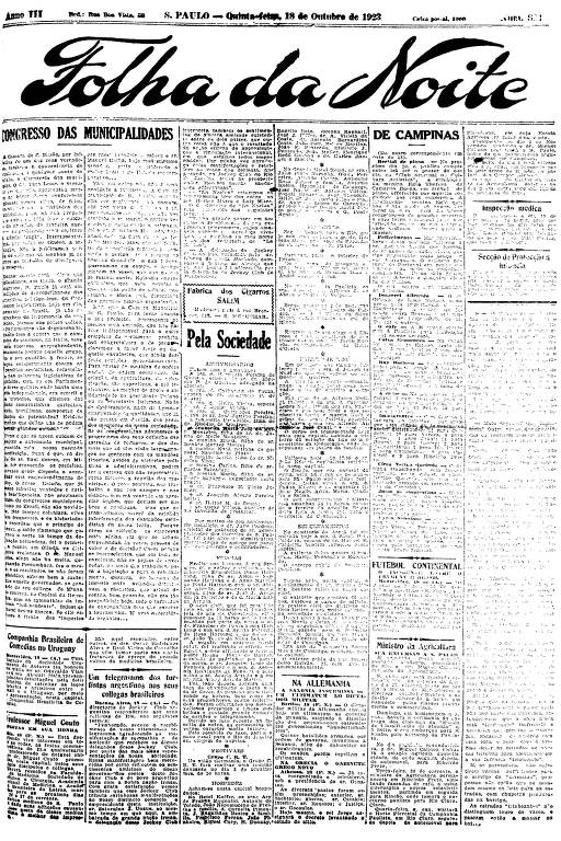 Primeira Página da Folha da Noite de 18 de outubro de 1923