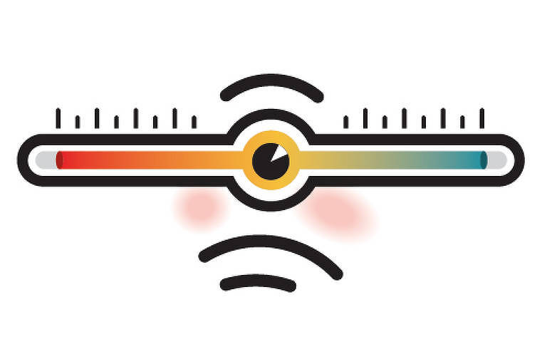 A ilustração mostra um termômetro humanizado, de um olho só e com expressão atônita. O fundo é branco.