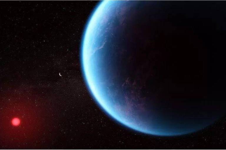 sobre fundo preto, à esquerda um ponto vermelho pequeno, com luminosidade vermelha em torno dele; à direita, o planeta, que tem parte de sua superfície iluminada pela estrela, e a maior parte escura