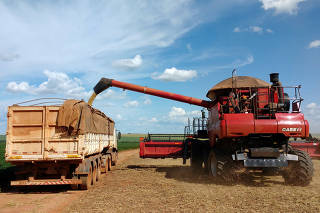 FILE PHOTO: Soybeans are loaded into a truck at a field in the municipality of Campo Verde
