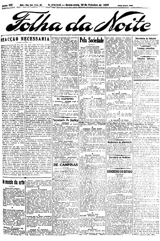 Primeira Página da Folha da Noite de 19 de outubro de 1923