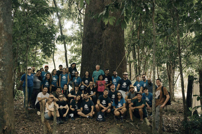 Em área de floresta grupo de 35 pessoas está reunido para a foto em frente a uma grande árvore