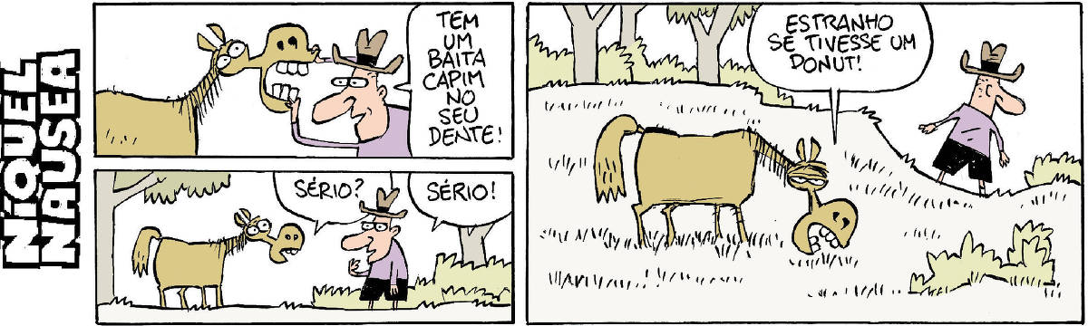 No primeiro quadrinho, um cara abre a boca de um cavalo para observar os dentes e diz: tem um baita capim no seu dente! No segundo, o cavalo diz: sério? E o cara responde: sério! No terceiro quadrinho, num plano mais afastado o cavalo está pastando e o cara está indo embora. O cavalo diz: estranho se tivesse um donut!