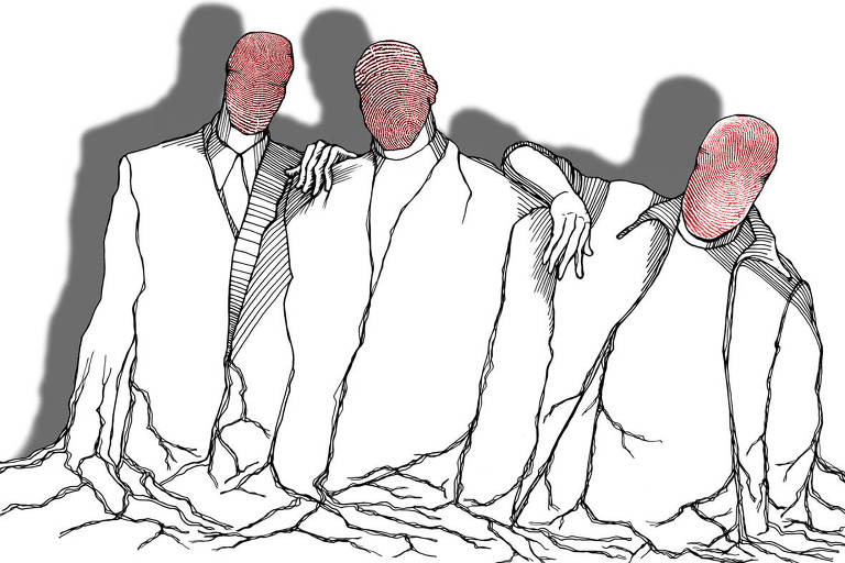 Na ilustração em bico de pena preto e branco, tres individuos vistos de frente, os dois dos extremos apoiados nos ombros do que está no centro. No lugar de rostos aparecem três digitais na cor ferrugem bem avermelhada. Os três retratados até a cintura, o desenho de seus torsos parecem emergir de raízes irregulares prendidas ao solo
