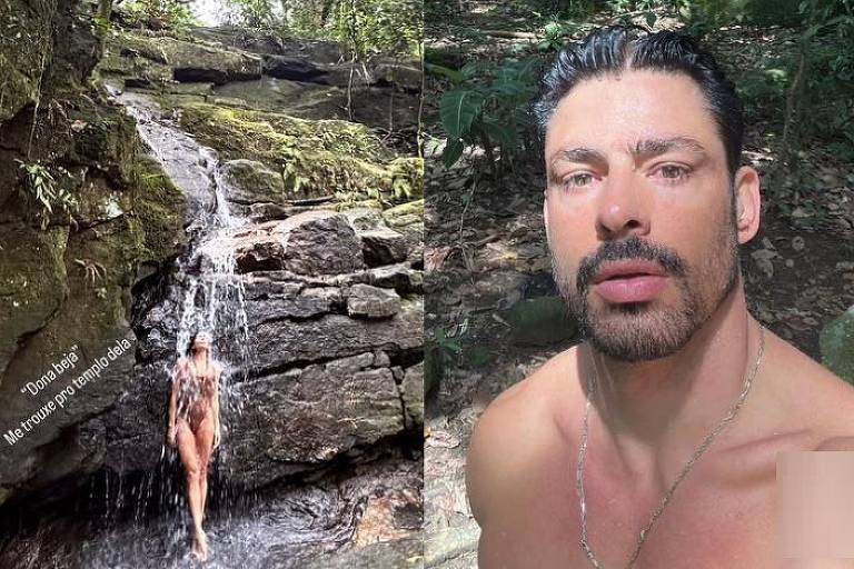 Grazi e Cauã postam fotos em cachoeira