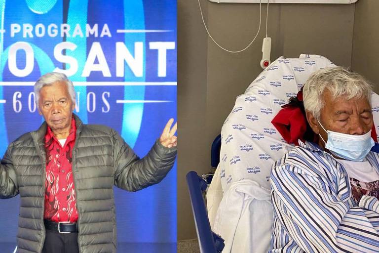 Montagem de Roque posando no programa Silvio Santos e deitado em cama no hospital