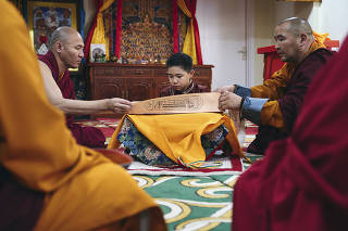 A. Altannar, the eight-year-old boy recently named as the 10th reincarnation of the Bogd, one of the three most important figures in Tibetan Buddhism and, for many, the spiritual leader of Mongolia, at Gandan Monastery in Ulaanbaatar, Mongolia on Sept. 14, 2023. (Khasar Sandag/The New York Times)