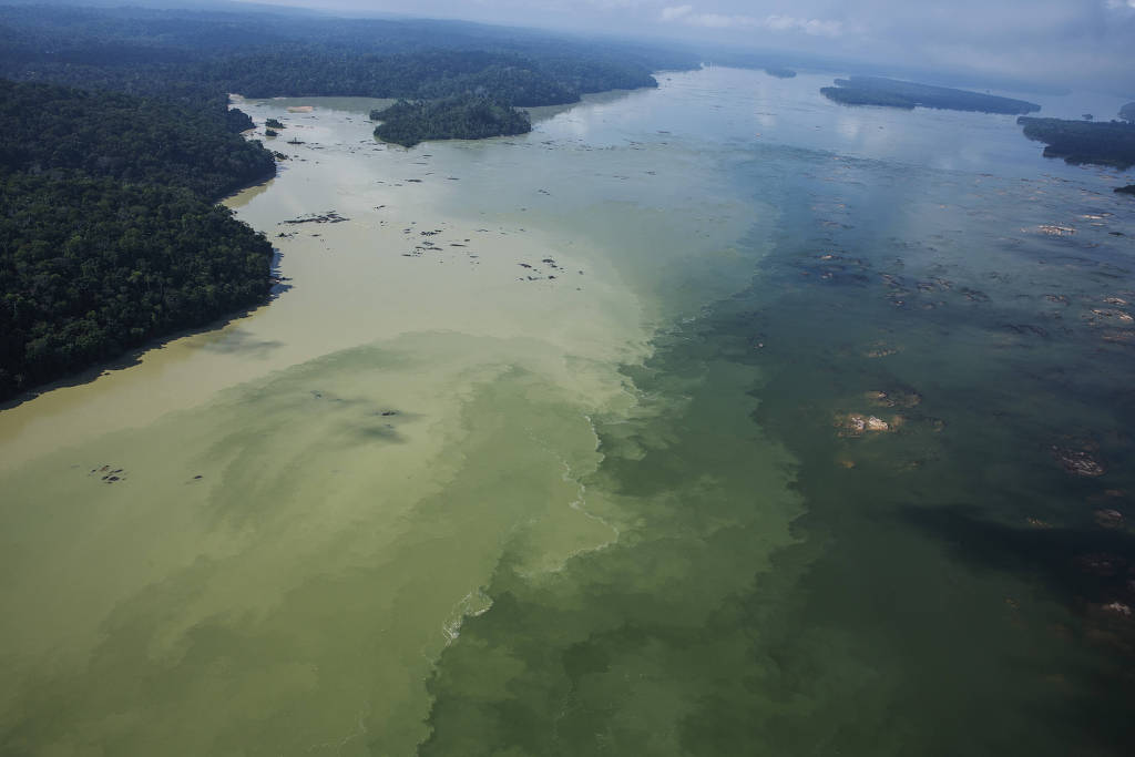 Vista de drone dos rios com água esverdeada