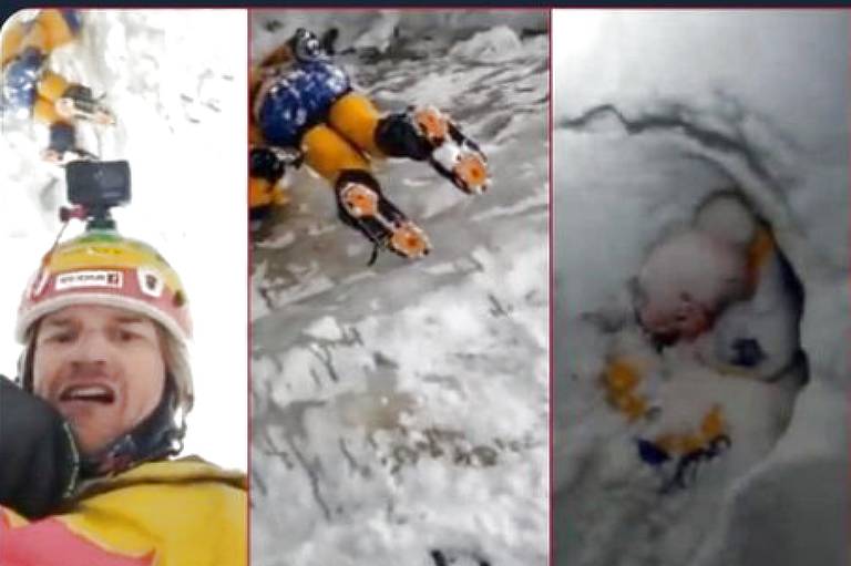 Cenas do resgate do montanhista indiano Anurag Maloo, que ficou três dias em uma fenda da montanha Anapurna, no Himalaia, e sobreviveu.  À esquerda, o polonês Adam Bielecki, líder da equipe de resgate