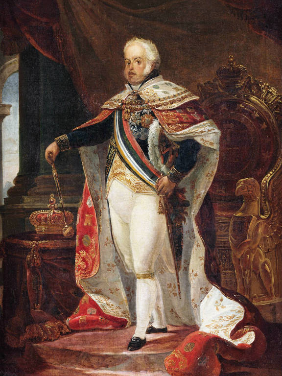 pintura mostra dom joão em pé, em frente ao trono, em roupa suntuosa