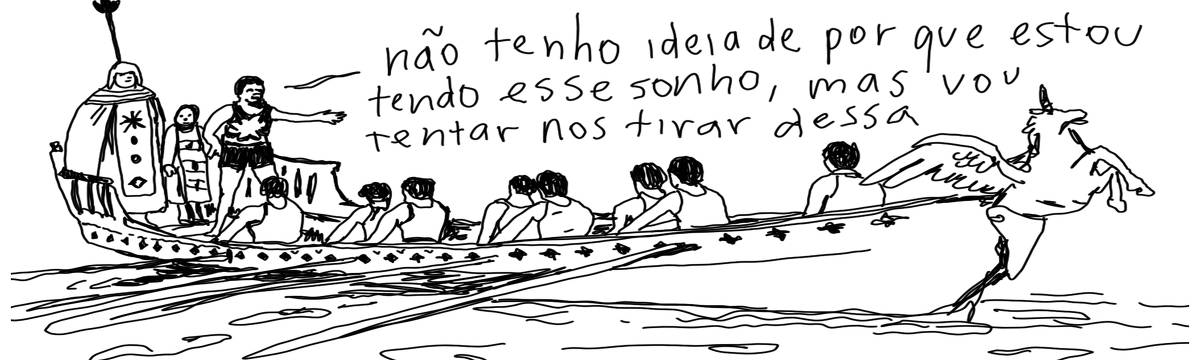 A tirinha em preto e branco de Estela May, publicada em 06/10/23, traz um homem num barco com vários outros remando. Ele diz: “não tenho ideia de por que estou tendo esse sonho, mas vou tentar nos tirar dessa”