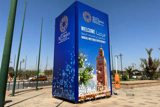 An advertising billboard for the upcoming annual meetings of the IMF and the World Bank, is seen in Marrakech