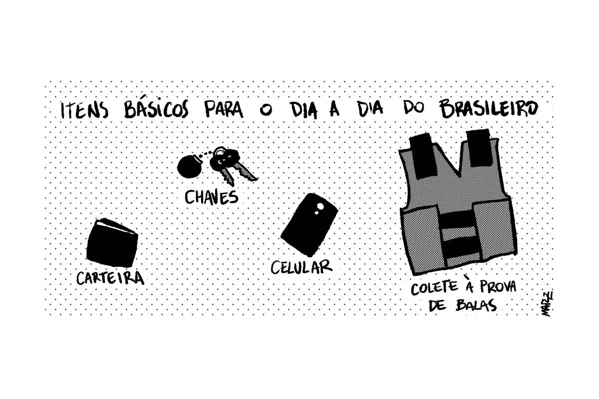 A charge de Marília Marz, de título "Itens básicos para o dia a dia do brasileiro", mostra uma carteira, chaves, celular e um colete à prova de balas.