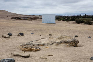 The fossil remains of a 10-million-year-old whale in the Ocucaje Desert near informal settlements in Peru, Aug. 12, 2023. (Marco Garro/The New York Times)