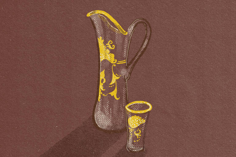 Na ilustração de Marcelo Martinez, um conjunto de jarra e copo de vidro, em estilo Art Noveau, com ornamentos em dourado