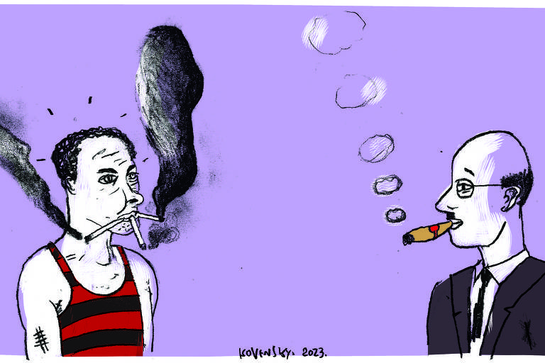 A ilustração de Martin Kovensky mostra homem usando regata listrada (listras horizontais vermelhas e pretas) com três cigarros na boca e muita fumaça escura ao seu redor. De frente para ele, um homem calvo, vestindo terno e com óculos, fuma um charuto e solta pequenos anéis de fumaça clara